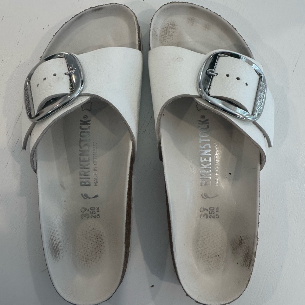 Birkenstock Madrid Big Buckle white leather slides w/ silver buckle. Stylish!